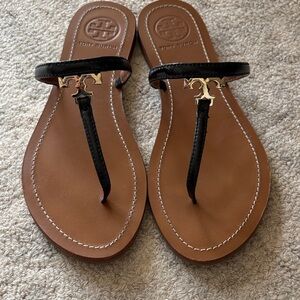 Tory Burch Black and Brown Leather Logo Thong Sandals